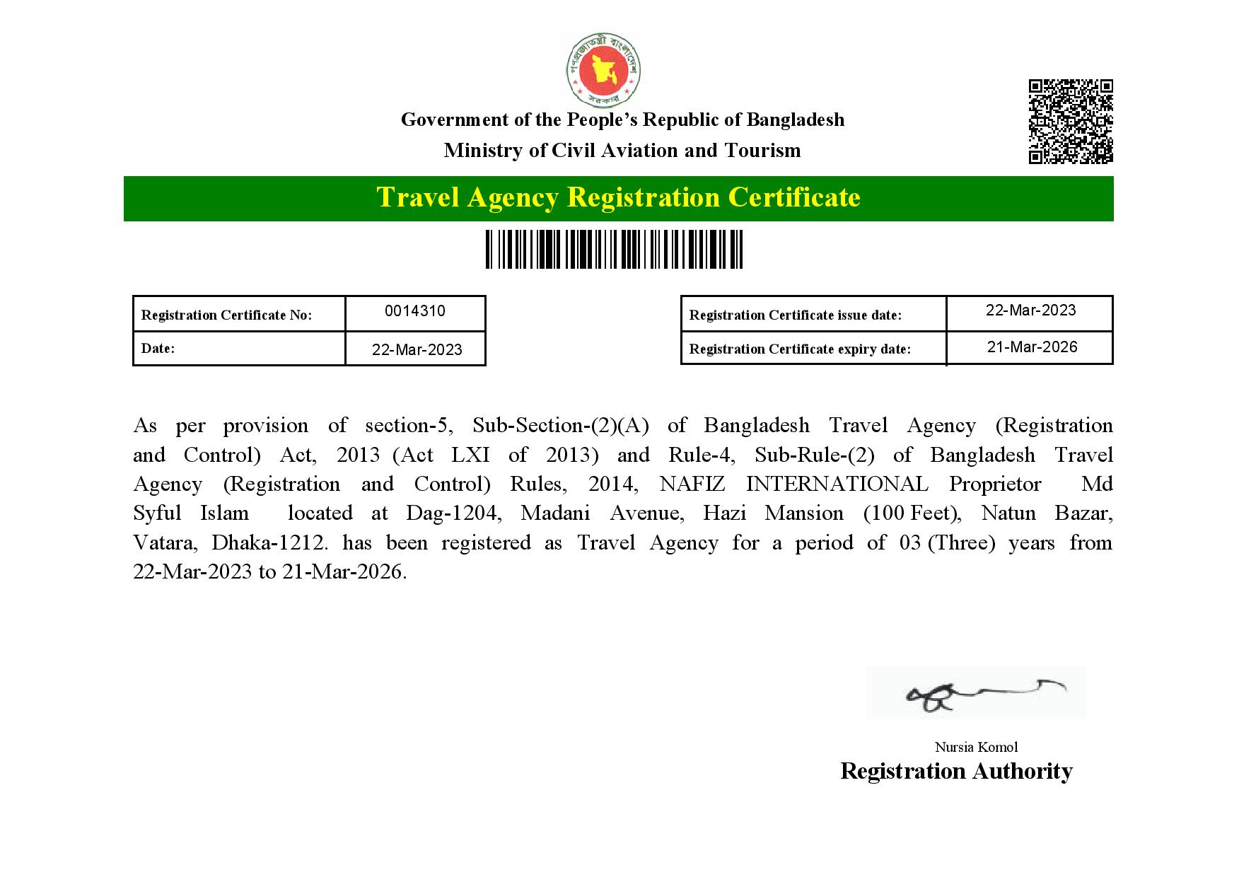 Travel Agency Registration Certificate English